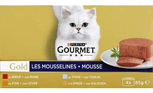 Gourmet Gold Musselin Gold Mousse mit Thunfisch, Leber, Truthahn & Rindfleisch für Katzen – 4 Terrinen à 85 g