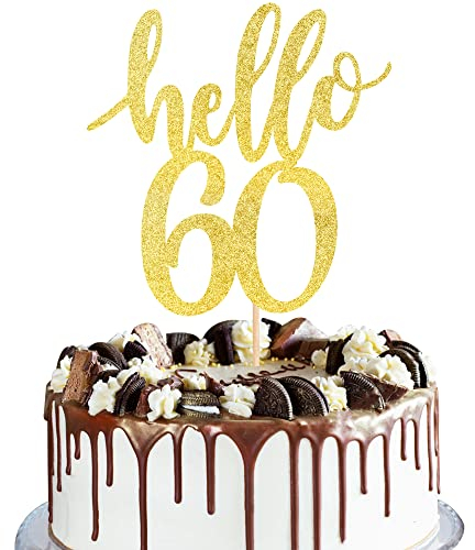 Rsstarxi 1 Pack Hello 60 Cake Topper Gold Glitter Sixty Years Old Cheers to 60 Cake Pick for 60th Birthday Wedding Anniversary Party Cake Decorations Supplies