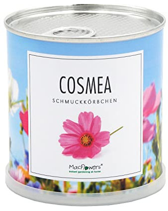 MacFlowers® | Kleines Anzuchtset mit echten Schmuckkörbchen | Cosmea | Geschenk Set mit drei Sorten Samen in süßer instant Blumendose