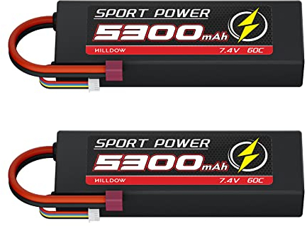Hilldow 2S LiPo Akku 7,4V 60C 5300mAh mit Deans T Stecker Hardcase Lipo Batterie für RC Auto LKW Buggy Boot(2 Pack)