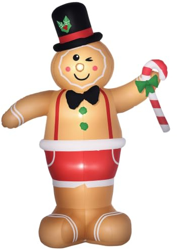 Outsunny Aufblasbarer Lebkuchenmann 2,38 m Weihnachtsdekoration Braun | Mit LED-Lichtern und Zuckerstange, Weihnachten Gärten Dekoration, Automatisches Aufblasen, Wassderdicht, Polyester