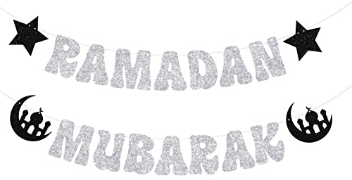 Ramdan Mubarak Banner, Ramadan Party Dekorationen, Eid Festival Party Dekoration Supplies, Muslim Islam Party Supply Silber Glitter