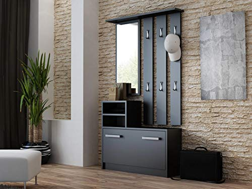 Oggi iRun Flurgarderobe mit Spiegel 85x160x24cm Kleiderbügel Schuhschrank Schrank aus 16mm Schichtstoffplatte Modisches Design Minimalistisch Modern Schwarz