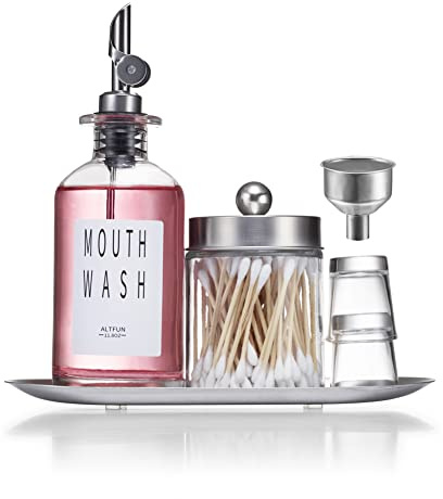 Altfun Glas-Mundspülspender für Badezimmer mit Tassen, Stil-Mundspülbehälterflasche mit Qtip-Halter, Glasflasche, nachfüllbarer Mundspülspender mit Tabletttrichter, 334 ml, Silber