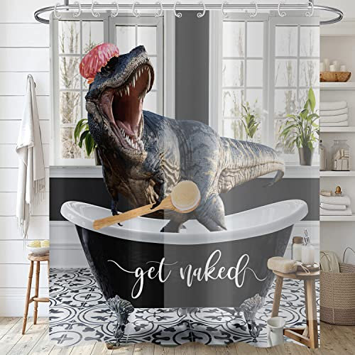 Hnmdmyi Rideau de Douche Drôle de Dinosaure 180x200, Rideau de Douche Nu Mignon baigneur Dino Raptor Enfants Créatif Rideau de Bain Moderne Imperméable Polyester Tissu Lavable Rideau de Bain