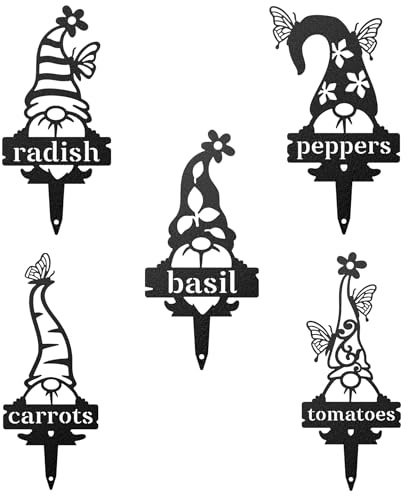 RealSteel Personalized Gnome Garden Labels – 5 Pack Metal Plant Markers | Custom Vegetable, Herb & Flower Garden Stakes for Outdoor Plants | Weatherproof Garden Décor | Gardening Gift | Made in USA
