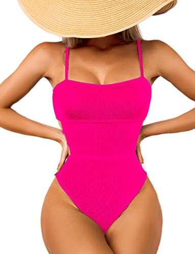 USUN Costume da Bagno Intero da Donna Costume da Bagno con Ritaglio Vita Alta Controllo della Pancia Costume Intero Monokini (L, Rose Red)