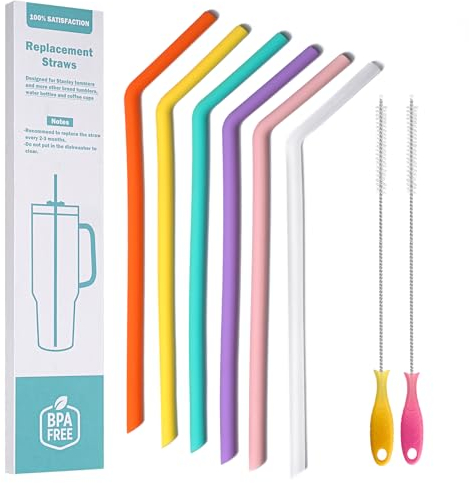 WK ieason Replacement Silicone Straws Reusable Bendy Drinking Starws Compatible with Stanley 20-40oz Tumblers and Other Brands with 2 Colorful Brushes, Color Non Toxic Straws for Toddler and Kids
