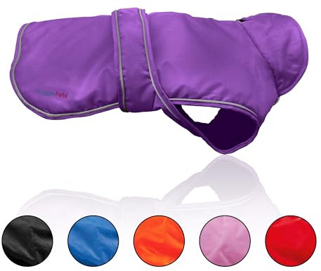 Hugglepets Arctic Armour Waterproof Thermal Dog Coat - Purple (Small 35cm) Reflective Microfleece-Lined Coat for Small Dogs with Adjustable Hook & Loop Fastening & Zipper for Harness or Collar.