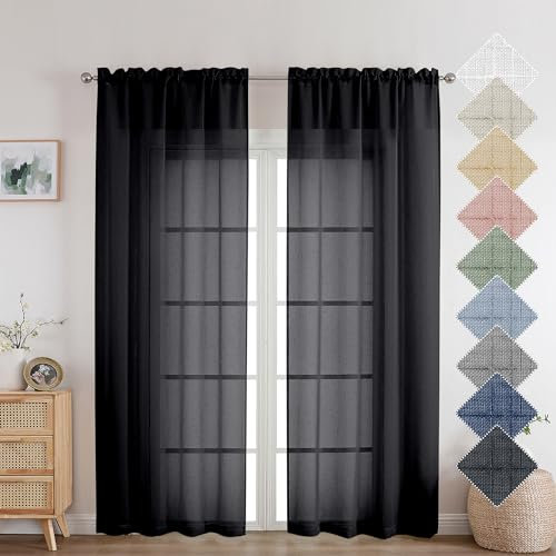 Aiyufeng Schwarze transparente Vorhänge, 183 cm lang, 2 Stoffbahnen, frisch strukturiert, halbtransparent, Leinen, atmungsaktiv, elegant, Türvorhänge und Vorhänge für Bauernhaus/Wohnzimmer/Küche,