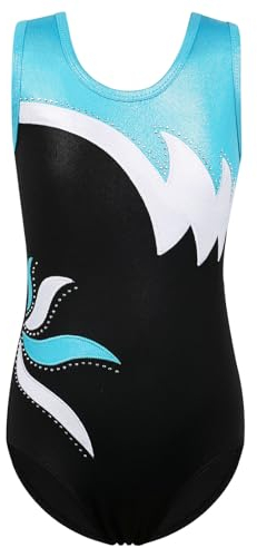 ZNYUNE Kinder Gymnastik Trikot Klassisch Gymnastikanzug Ärmellos für Mädchen B208 BlackAqua 10A