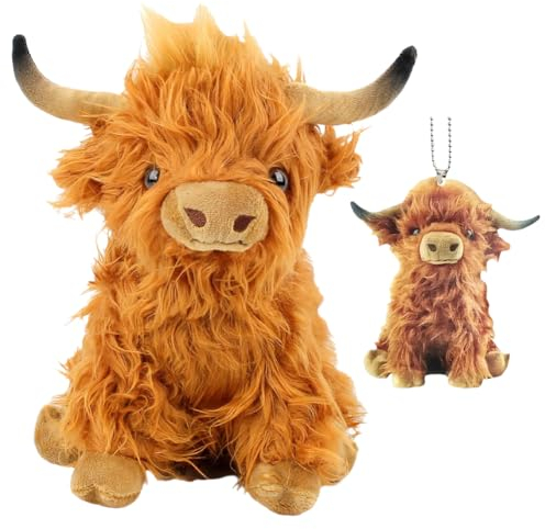 YiiLi Highland Cow Plüsch,2 Stück Hochlandkuh Plüschtier und Niedlicher Kuh-Schlüsselanhänger Cartoon Kuh Puppen Tiere Stuffed Toys Kinder Party Geburtstag Geschenk für Jungen Mädchen(25cm)