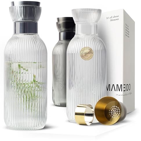 MAMEIDO Garrafa agua 1 l - Jarra aqua cristal con tapa y colador, Jarra de agua de aspecto elegante para ocasiones especiales, Garrafa para regalar (Crystal Silver, 1000ml)