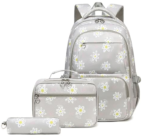 TCYIN Schulrucksack Teenager Mädchen Schule Rucksack Damen Schulranzen Wasserdicht Kinder Schultasche Bookbag Daypack für Reise Sport(Rucksack set Grau)