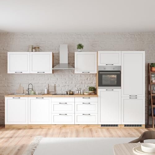 Lomadox Küche Einbauküche Küchenzeile 360 cm mit E-Geräten in weiß und Eiche, Arbeitsplatte in Eiche, inkl. Dunstabzugshaube, Herd, Backofen, Geschirrspüler, Kühlgefrierkombi