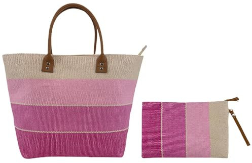 Vico Casa® VERSILIA Borsa mare donna con pochette, borsa spiaggia/Colore Fucsia/Borsa a spalla 50x35X20cm con borsetta, cerniera e tasca interne e manici