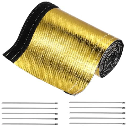 QUARKZMAN Chaleur Carénage Manchon Aluminisé Or Manchon 40mm 1+1/2 Pouce ID x 100 cm 3,3Ft Chaleur Câble Gaine avec Crochet et Boucle, 10pcs INOX Acier Cravates