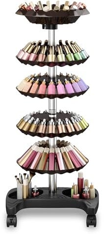 yeshine Rolling Nail Polish Storage Racks, 5 Tiers Black Nail Polish Display Stand, Cosmetic Display Case Lipstick Shelf, Nail Polish Trolley, Nail Polish Shelf for Home Spa Business Salon