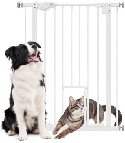PawHut Cancellino per Cani Regolabile con Porta Piccola 74-80x91.4cm Bianco | Montaggio a Pressione, Barriera per Cani, Chiusura Automatica