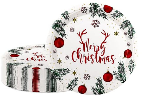 AHPYEUHK Lot de 50 assiettes jetables en carton de 17,8 cm - Assiettes à dessert - Cloche de Noël - Branche verte - Décorations de fête