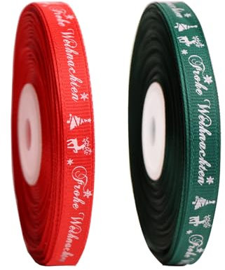 BYZANDQI 22m Schleifenband 10mm Satinband, Geschenkband Weihnachten Rot Grün Dekoband Weihnachtsband Stoffband mit Frohe Weihnachten, 2er-Rolle