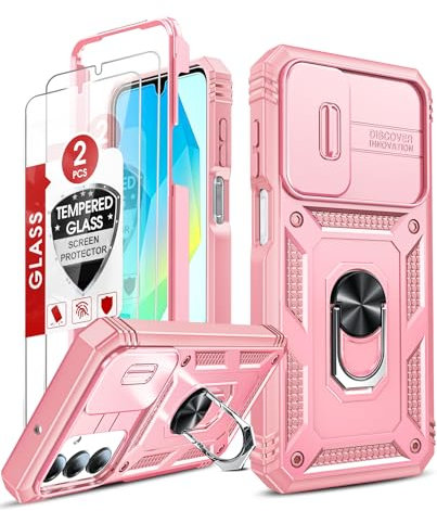 LeYi Militär Hülle für Samsung Galaxy A16 5G Kamera Schieber Handyhülle und 2 Displayschutz Glas, Armor Schutzhülle Stehfunktion Kamera Objektivschutz Case Ringhalterung A 16 Handy Hüllen Cover Rosa