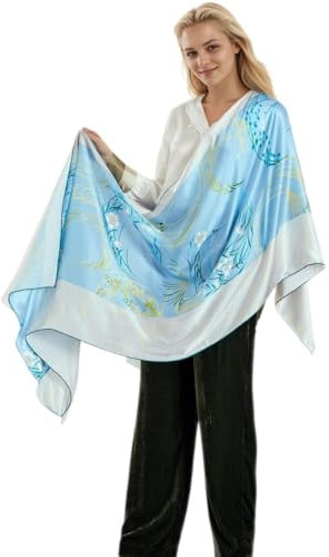 Prettystern Pastellfarben Damen XL handrolliert langer Seiden-Schal Stola für Abendkleider Floral Blau