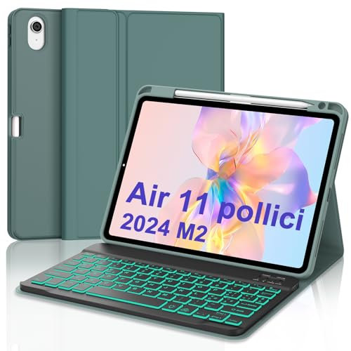 Custodia Tastiera per iPad Air 11” 2025 (M3) e 2024 (M2), iPad Pro 11” 4a/3a/2a/1a Generazione e iPad Air 6a/5a/4a Generazione – Tastiera Italiano Retroilluminata Bluetooth Staccabile, Verde Scuro