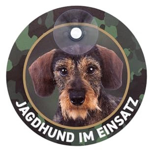 Dackelschild Jagdhund im Einsatz Rauhaardackel, Teckel, Dachshund mit Saugnapf, Haftsauger für die Scheibe 13 cm Durchmesser, Premiumqualität Made in Germany, UV- Witterungsbeständig