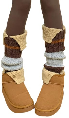 EMOTTOS Damen Rippenstrick Stulpen 1 Paar, Gestrickt Beinstulpen Legwarmer mit Kontrastgestreift, Ballett Stulpen Leg Warmers Stricken Beinwärmer für Mädchen, Einheitsgröße, Braun