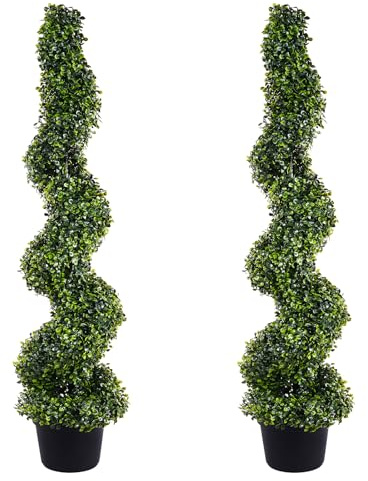 Alberi di bosso artificiale a spirale, 1,2 m di altezza, 2 pezzi, pianta finta per esterni, pianta finta verde per tutto l'anno con foglie sostituibili per decorazione/interni/portico/giardino