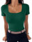Aottori Summer Tops for Women UK Ladies Short Sleeve T-Shirts Square Neck Ribbed Knit Slim Fit Tee Casual Lightweight Basic Tunic Top Green XL
