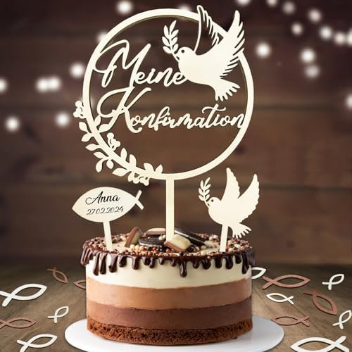 Tortendeko Konfirmation, Cake Topper Meine Konfirmation Holz & 36 Stück Holz Fische Streudeko Tischdeko & Taube Fisch Kuchen Deko, Konfirmation Deko Junge Mädchen Geschenke, Konfirmationsgeschenke