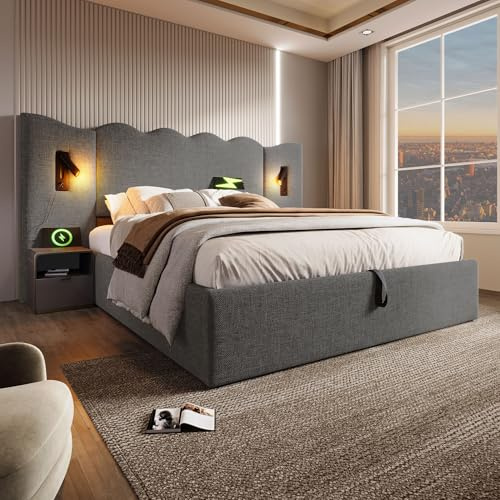 Dolamaní Doppelbett 180×200 cm mit Stauraum, Bettgestell Lattenrost aus Massivholz und Metall, Polsterbett Ohne Matratze (Grau-Leinen)