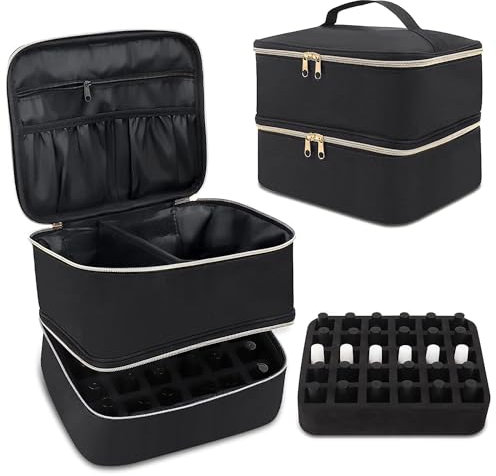 Bixury Nagellack Aufbewahrung Make Up Koffer, Nagellack Tasche Wasserdicht Organizer Doppelschicht, Make Up Organizer Tasche für 30 Flasche Nagellampe Nagelzubehör Nageltrockner