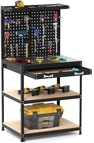 COSTWAY Werkbank 81 x 41 cm, 225 kg Tragkraft Arbeitstisch mit Lochwand & Schubladen & regalen & 20 Hängehaken, Werktisch Werkzeugbank für Haus, Garage, Werkstatt (81x41x156 cm,Schwarz)