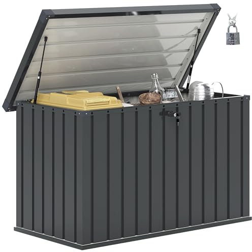 Outsunny 400L Garden Storage Box Waterproof Metal Outdoor Storage Box with Lockable Lid, Storage Container Furniture Deck Box, 124 x 66 x 72 cm, Dark Grey