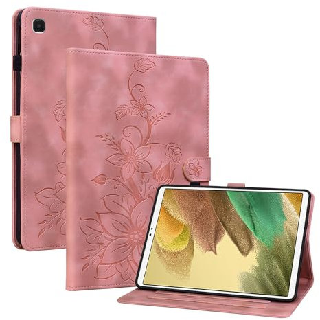 Rosbtib Coque pour Samsung Galaxy Tab A7 Lite 2021 8.7 SM-T220/T225, Multi-Angles de Visualisation Housse de Protection en Similicuir avec Porte-Carte Couverture Motif Lys, Rose