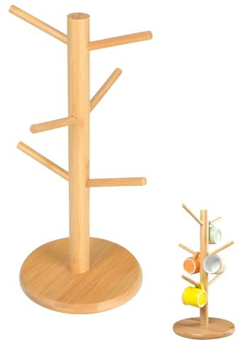 6 Cup Mug Tree Wooden Mug Tree Stand Wood Mug Rack Bamboo Cup Holder Tree Coffee Cup Holder Storage Organizer Kitchen Storage Rack, Mug Holders for Kitchen, for Coffee Tea Cups Mugs