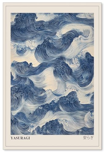 rumlud Japanische blaue Wellen, Wandkunst, Vintage, orientalisch, Japandi Wabi Sabi, Poster, abstrakte riesige Wellen, Leinwanddrucke für minimalistische Wohnzimmer, Wanddekoration, 40,6 x 61 cm