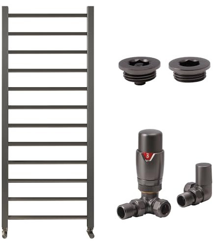 Gunmetal Bathroom Straight Heated Towel Rail Radiator 1200 x 500 with Corner Thermostatic Valves & Air Bleed Vent Set