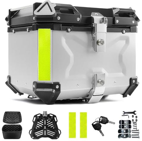 EagerMinds Topcase Motorrad, Topcase aus Aluminium, Dual-Key Storage Carrier Case, Wasserdicht, Diebstahlsicher, Motorradkoffer zur Aufbewahrung von Helmen und Anderer Reitausrüstung (Silber, 55L)