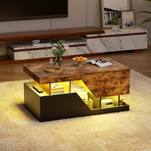 MSFE Couchtisch LED, Wohnzimmer Möbel mit 4 Schubladen und Offener Lagerraum, Couchtisch mit stauraum, Sofa Tisch, Wohnzimmertisch für Wohnzimmer/Esszimmer, Wohnzimmermöbel,Zwei Pakete