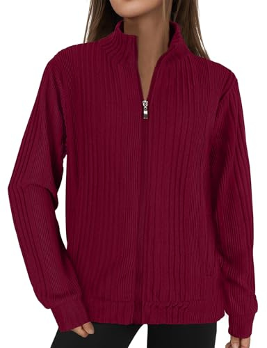 Womens Cardigans Size 20-22 Long Sleeve Tops Ladies Oversized Hoodie Zip up Jackets for Women UK Solid Sweatshirts Winter Coats Women Plus Size Hoodie with Pockets Knit Ribbed Comfy Warm Tops Wine