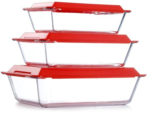 NUTRIUPS Tiefe Glas Auflaufformen mit Deckel, 3er Set Lasagneformen für Ofen, Rechteckige Glasauflaufformen (2.3+3.5+5.4L)