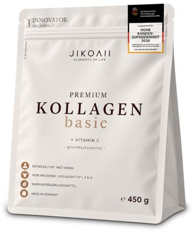JIKOAII® BASIC Kollagen Pulver, Vitamin C, Typ I II III, 450 g, Neutral | Collagen Peptide aus 100% Weiderind, Vitamin C, Haut Haare Nägel & Bindegewebe, 30 Portionen, neutral, Made in Germany