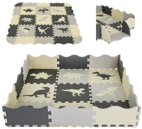 Puzzlematte Kinder Eva 35-teilig – 1 cm dick, BPA-/Phthalat-/Formamid-frei – Spielmatte mit Rändern & Ecken, wasserfest, rutschfest, Dino-Motiv – Krabbelmatte für Babys & Kinder – KRUZZEL