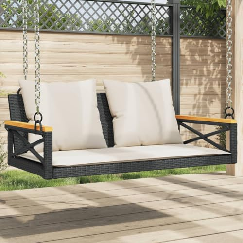 Zeehear Hängebank mit Kissen Schwarz 109x62x40 cm, Poly Rattan Hollywoodschaukel mit Stahlrahmen, UV-beständig, wetterfeste Gartenbank für Außenbereich