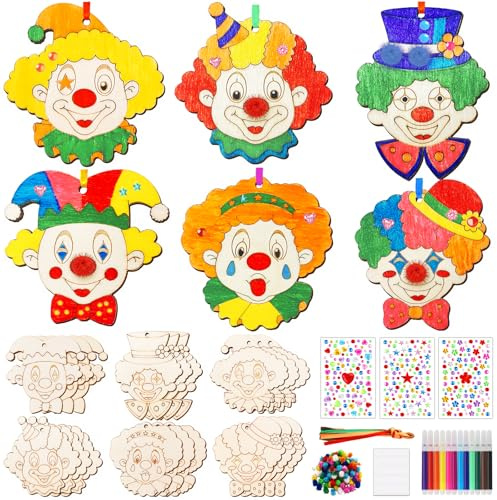 Happirra 12 Stück Clown Bastelset Kinder ab 4 5 6 7 8 9 Jahre, Karneval Tischdeko, Fasching Zirkus Deko Zum Basteln Anhänger, Holzscheibe Zum Bemalen, Kindergeburtstag Basteln, Karnevalsparty