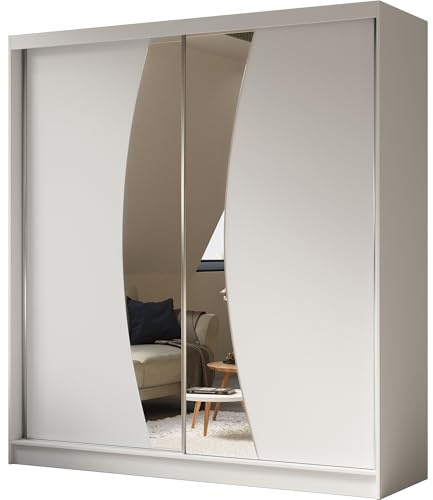 BEAUTY SOFA Vox - Schrank mit Spiegel - Kleiderschrank mit Schiebetüren - Garderobenschrank, Mehrzweckschrank, Flurschrank - 200cm breit - Weiß Matt